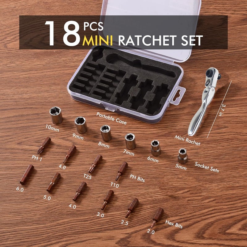 COTOUXKER Mini ratchet screwdriver Set, Right Angle Screwdriver set with 1/4 Mini Flex Ratchet Wrench and Bits Sockets for Tight Spaces(Ratchet wrench with bits and socket) - Image 2